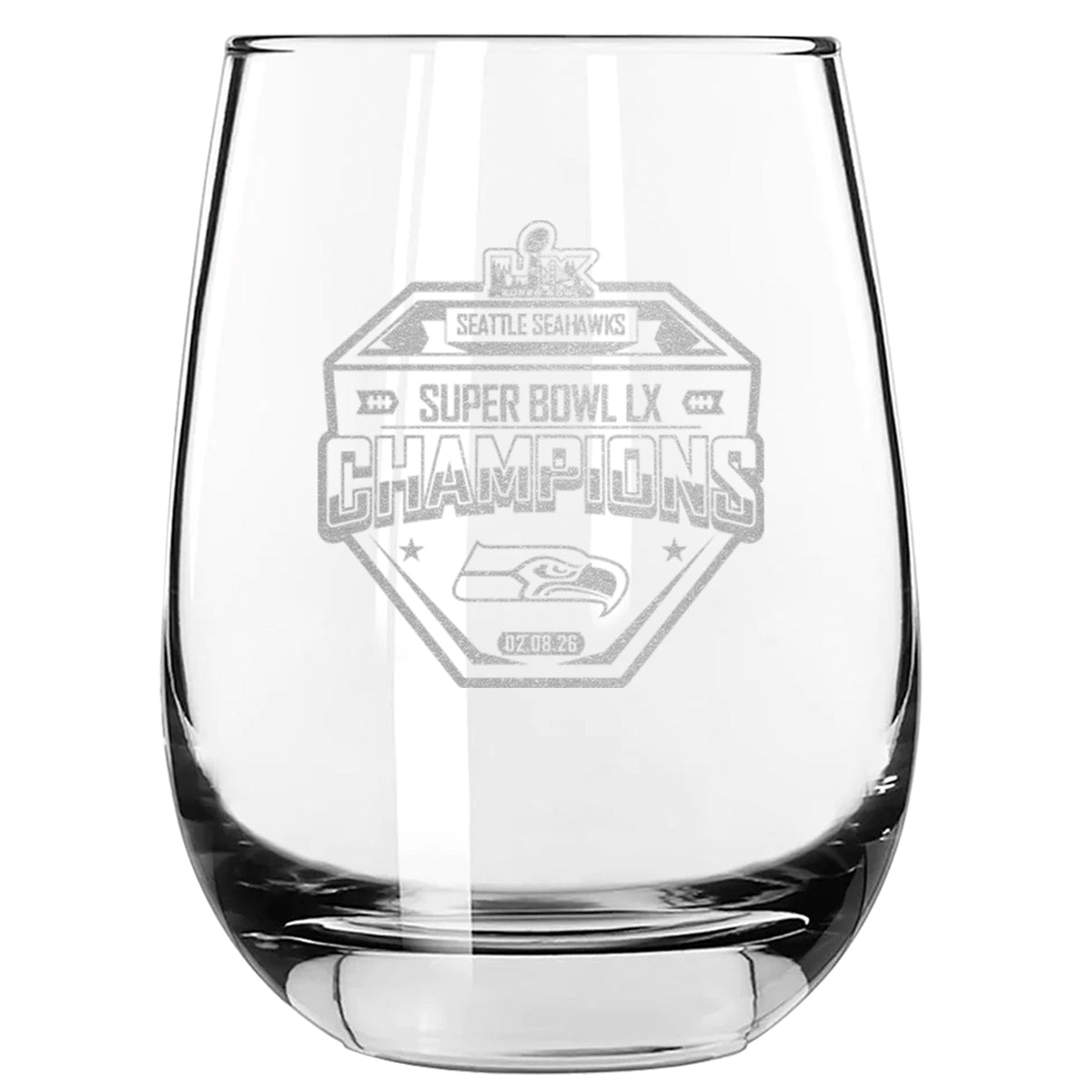 15oz Stemless Wine Glass, Etched, Super Bowl 60, 2026, Seattle Seahawks