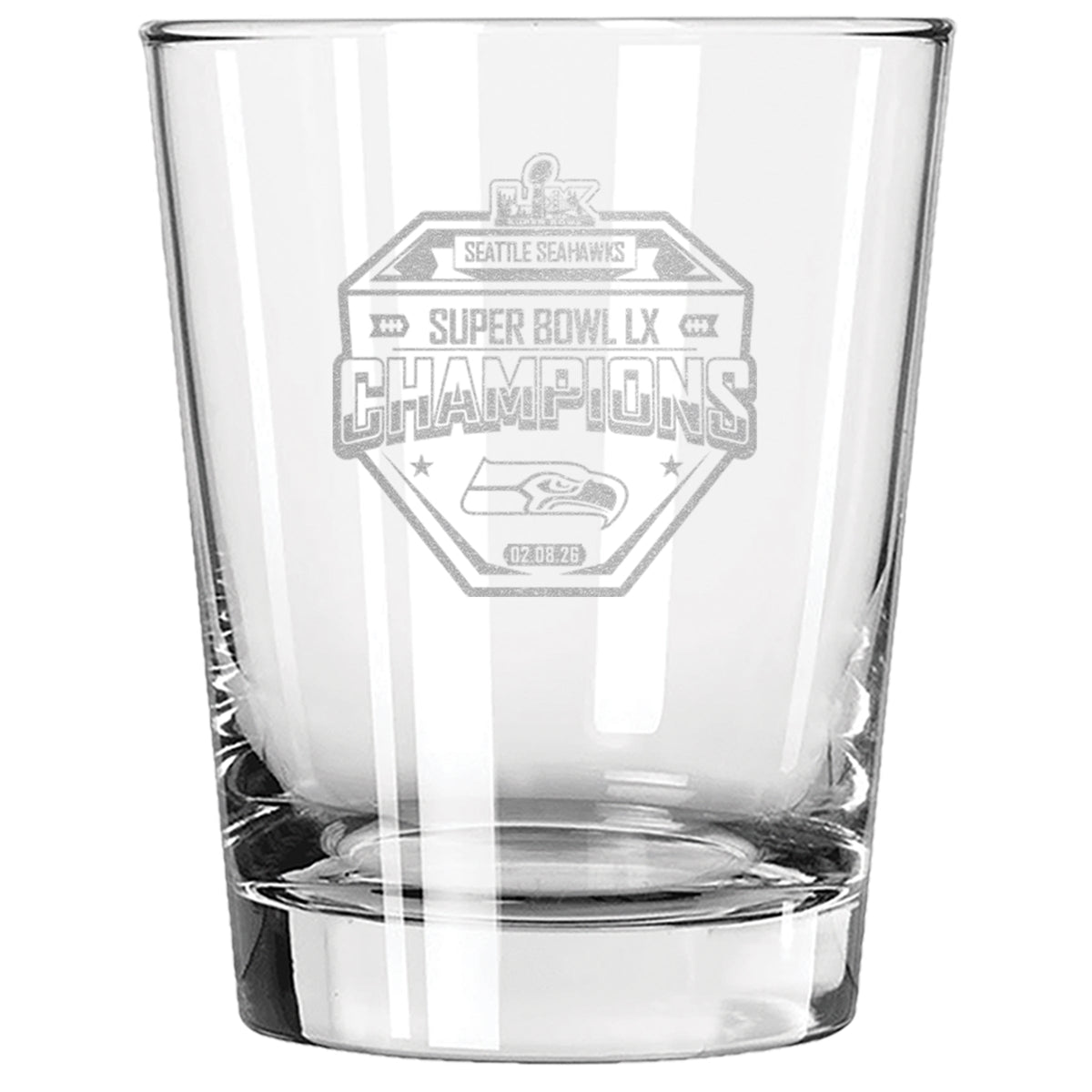 15oz Double Old Fashioned Glass, Etched, Super Bowl 60, 2026, Seattle Seahawks