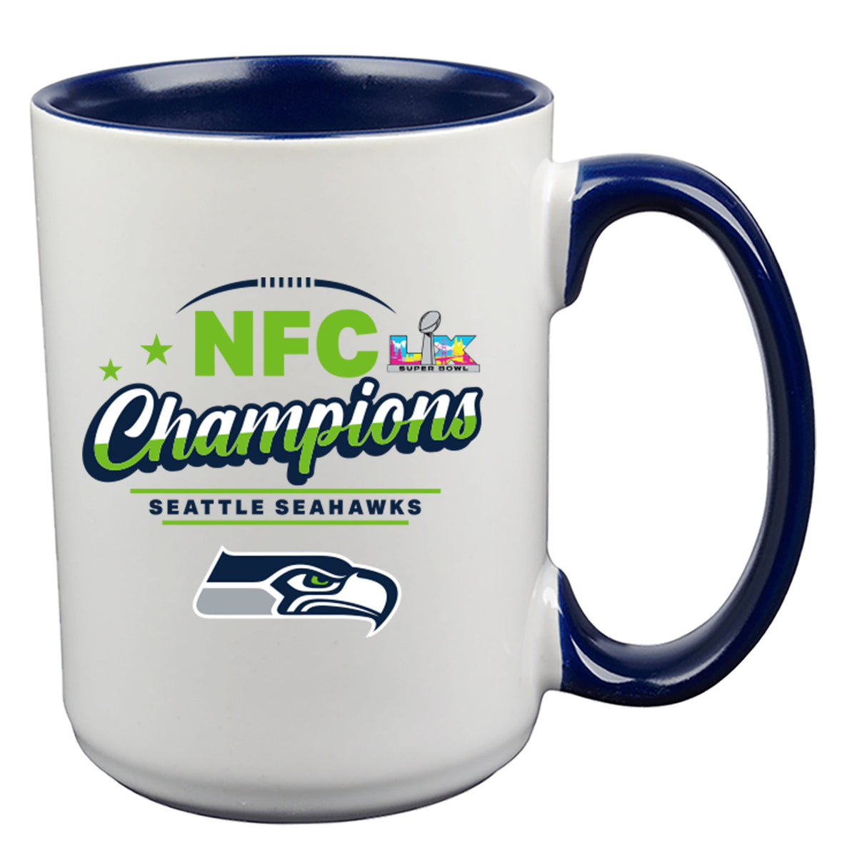 15oz White Mug with Navy Inner Color, Sublimation, NFC Champion 60, 2026 Design| Seattle Seahawks