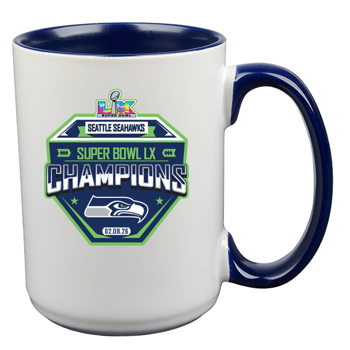 15oz White Mug with Navy I/C, Sublimation, Super Bowl 60, 2026, Seattle Seahawks