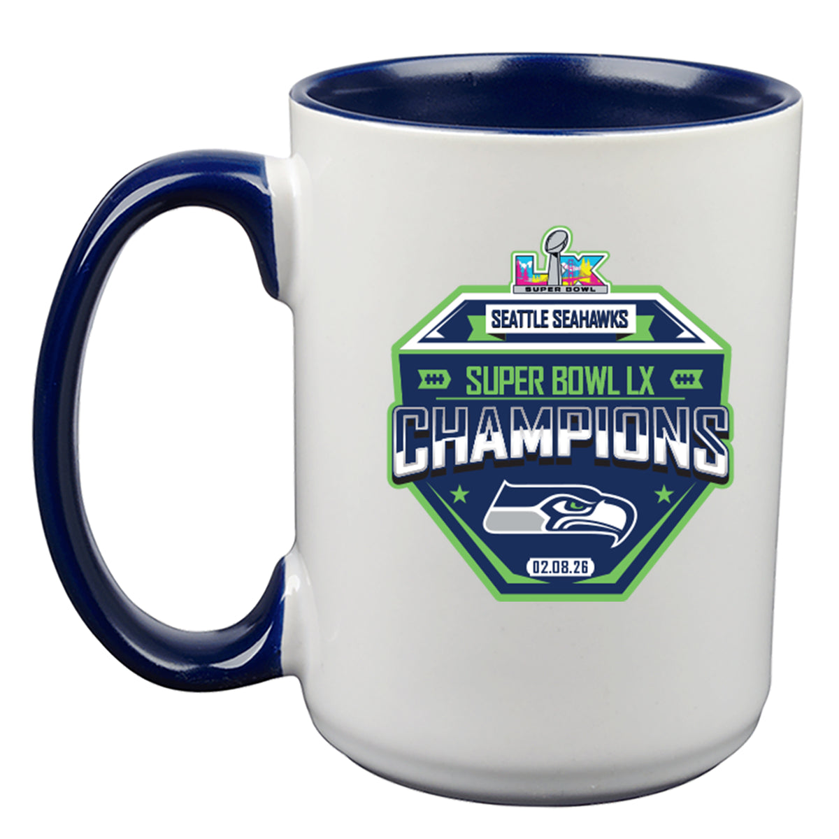 15oz White Mug with Navy I/C, Sublimation, Super Bowl 60, 2026, Seattle Seahawks