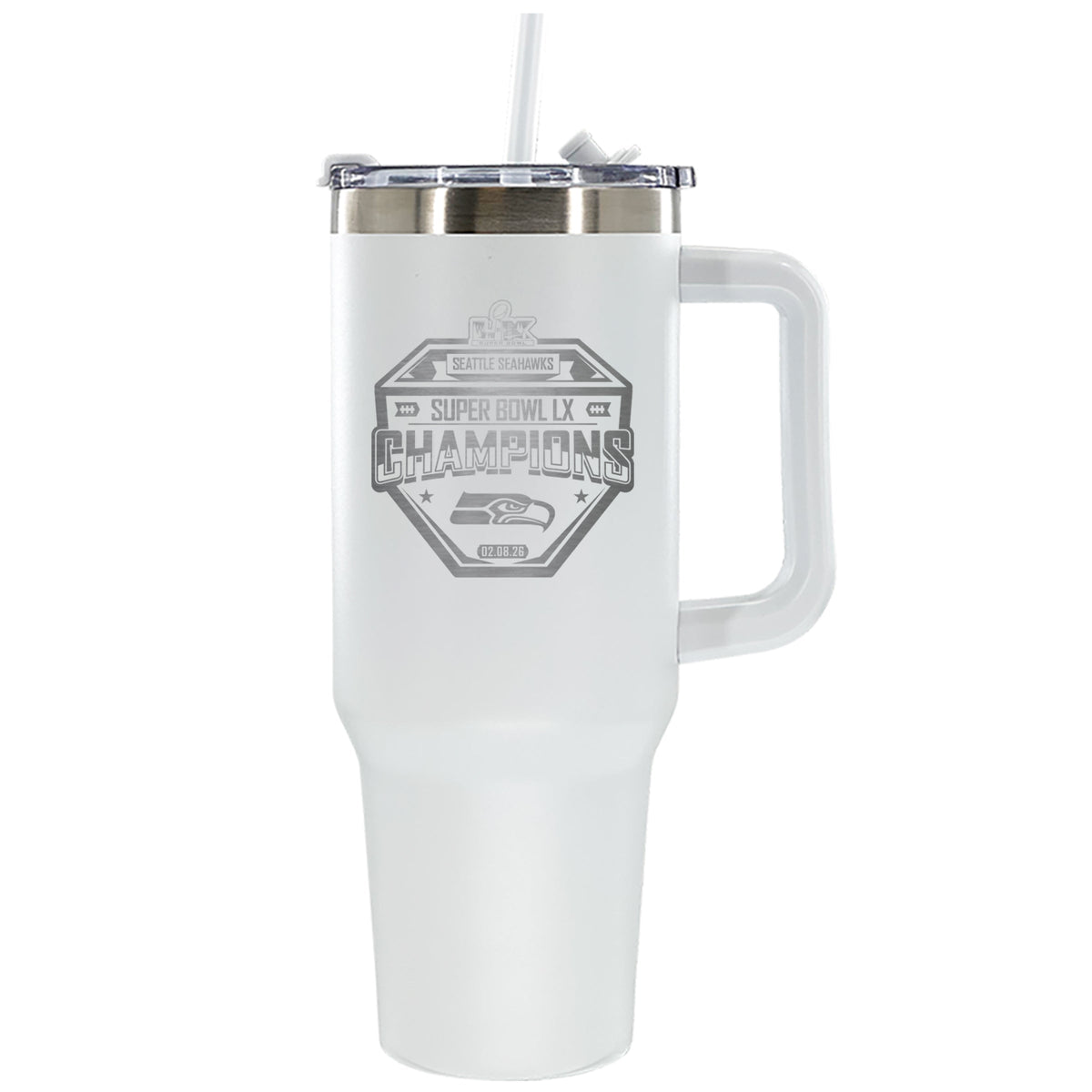 40oz White Stainless Steel Colossal Tumbler, Etched, Super Bowl 60, 2026, Seattle Seahawks