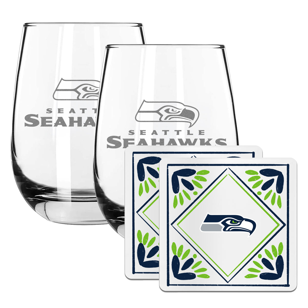 2 Pack Stemless Wine Glasses and Coasters Sets Set | Seattle Seahawks