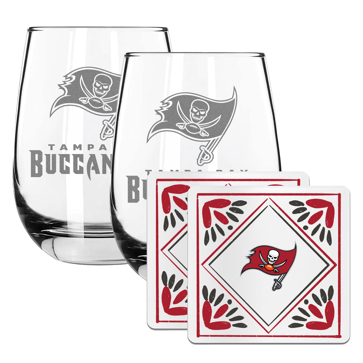 2 Pack Stemless Wine Glasses and Coasters Sets Set | Tampa Bay Buccaneers