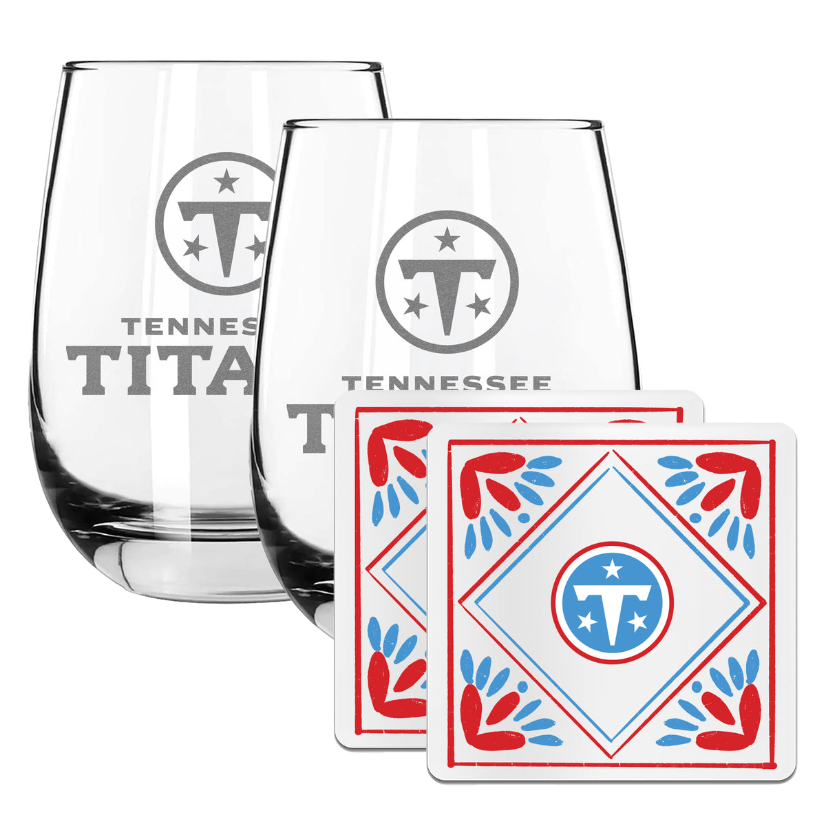 2 Pack Stemless Wine Glasses and Coasters Sets Set | Tennessee Titans