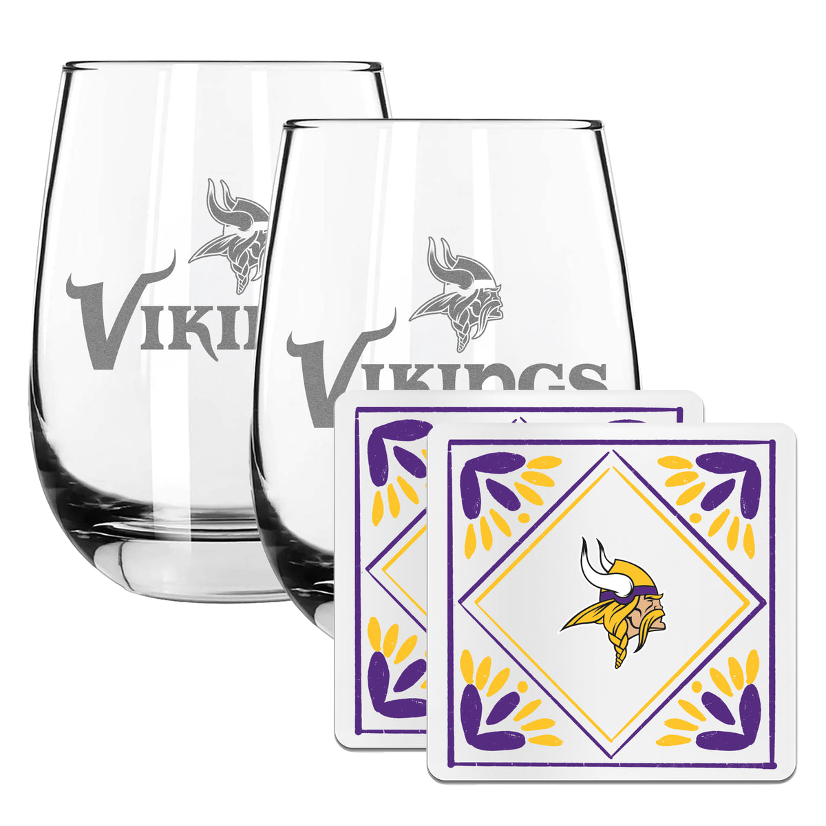 2 Pack Stemless Wine Glasses and Coasters Set | Minnesota Vikings