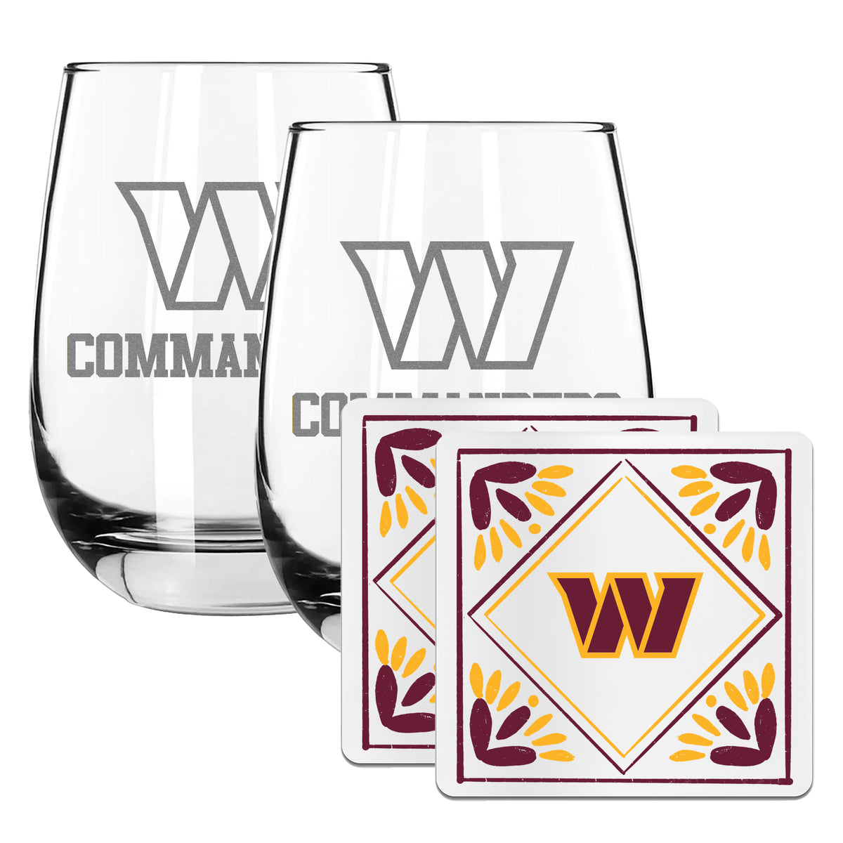 2 Pack Stemless Wine Glasses and Coasters Sets Set | Washington Commanders