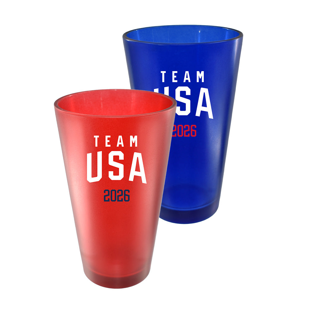 2pk 16oz Red + Blue Frosted Pint Glass, Direct Print, Team USA 2026 Wordmark Design, Team USA