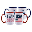 2pk 15oz White Mug w/Red + Blue I/C, Team USA 2026 Wordmark(Blue I/C) + Flag Design(Red I/C), Team USA