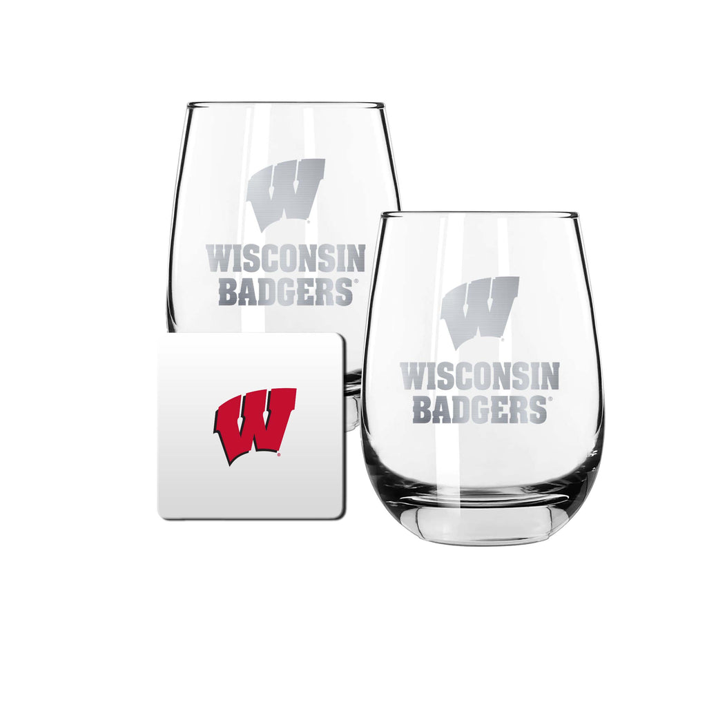 2 Pack Stemless Wine Glasses and Coaster set | University Of Wisconsin