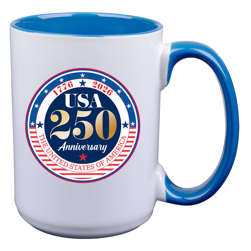 15oz White Mug with Blue I/C, 250 Year Anniversary