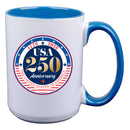 15oz White Mug with Blue I/C, 250 Year Anniversary