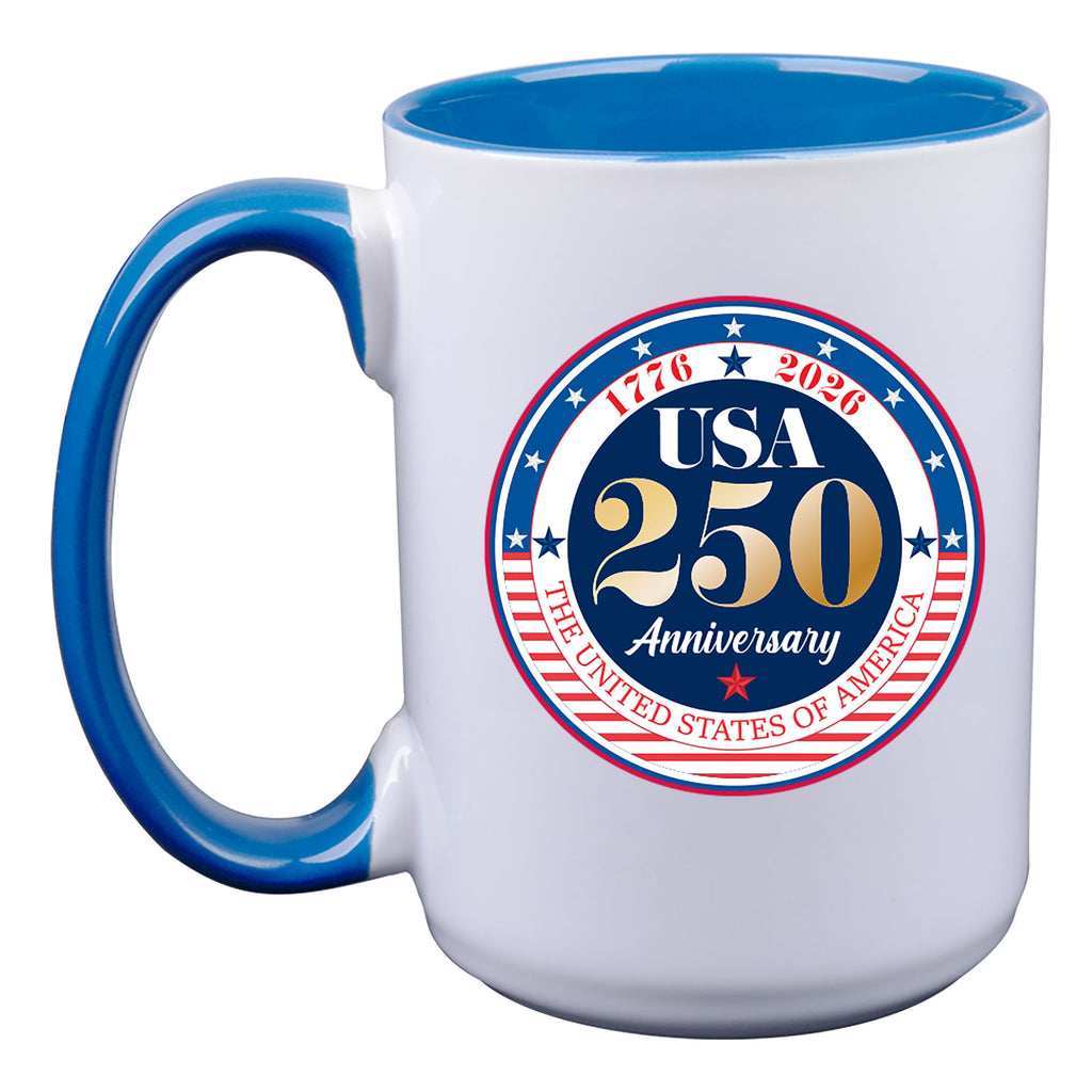 15oz White Mug with Blue I/C, 250 Year Anniversary