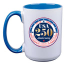 15oz White Mug with Blue I/C, 250 Year Anniversary
