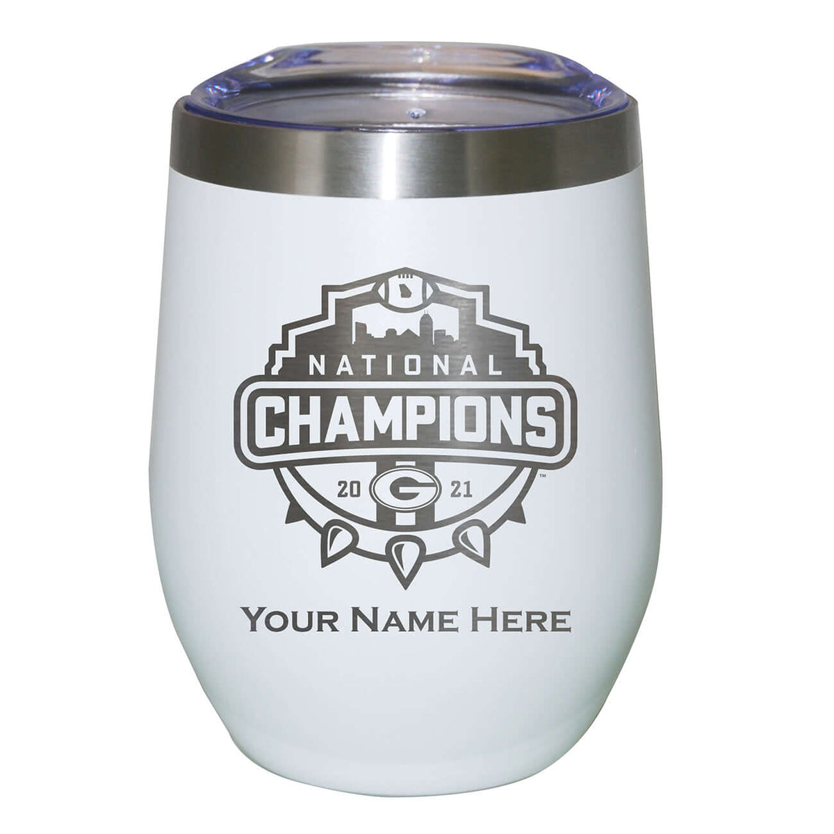 12oz Personalized White Etched Stainless Steel Stemless Tumbler | 2021 National Champion Georgia Bulldogs