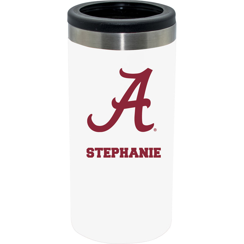 12oz Personalized White Stainless Steel Slim Can Holder | Alabama Crimson Tide