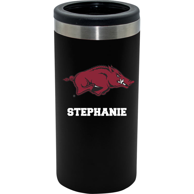 12oz Personalized Black Stainless Steel Slim Can Holder | Arkansas Razorbacks