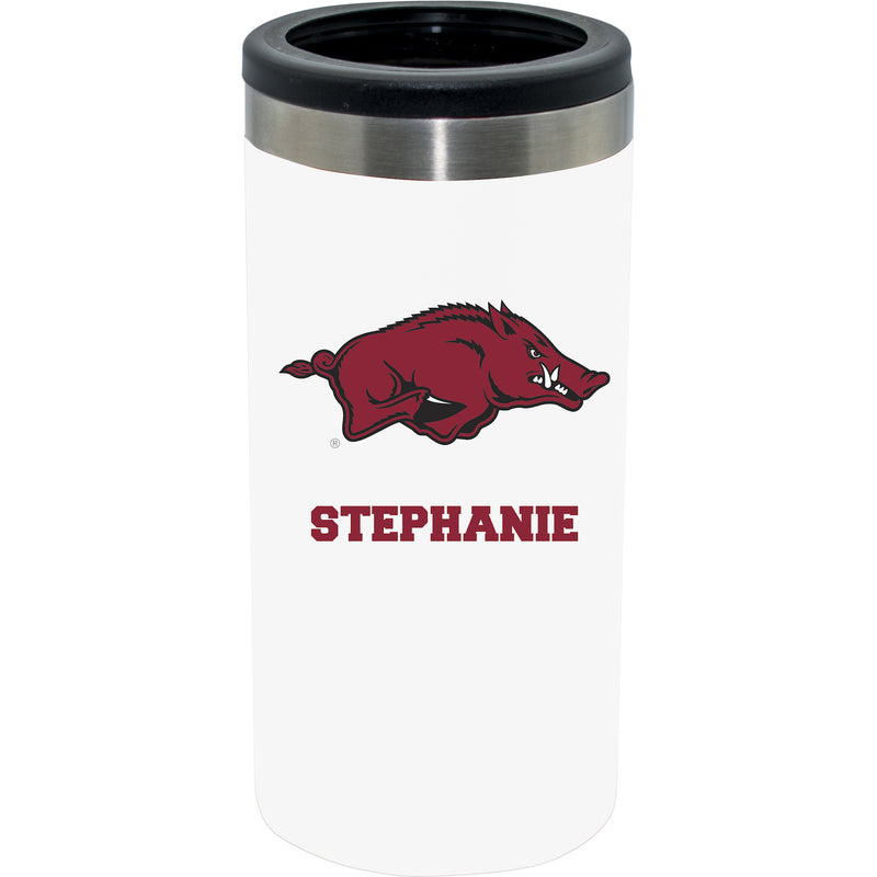 12oz Personalized White Stainless Steel Slim Can Holder | Arkansas Razorbacks