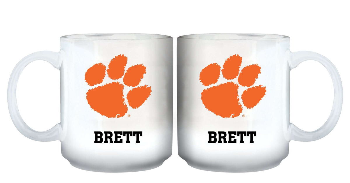 11oz White Personalized Ceramic Mug - Clemson Clemson Tigers, CLM, COL, CurrentProduct, Custom Drinkware, Drinkware_category_All, Gift Ideas, Personalization, Personalized_Personalized 194207464885 $20.11
