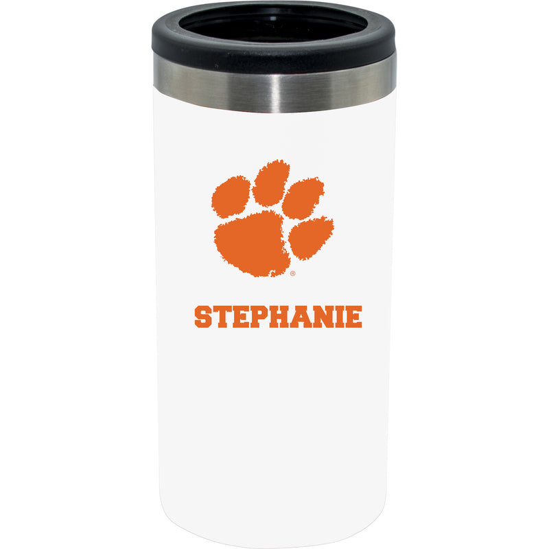 12oz Personalized White Stainless Steel Slim Can Holder | Clemson Tigers