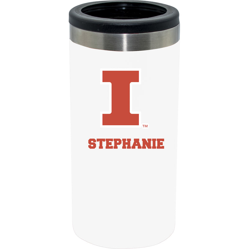 12oz Personalized White Stainless Steel Slim Can Holder | Illinois Fighting Illini