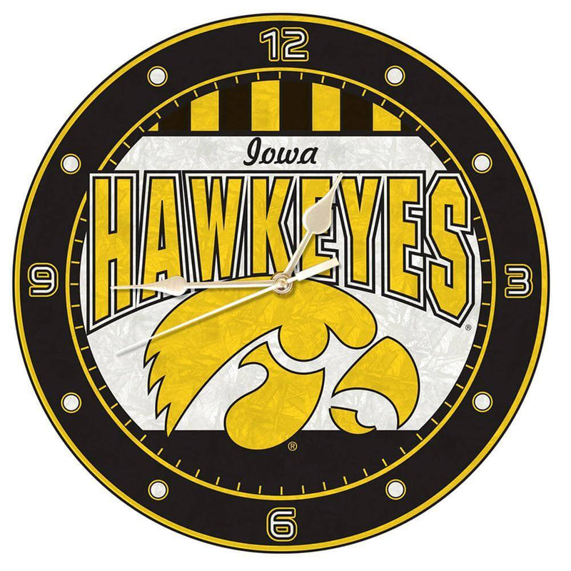 12 Inch Art Glass Clock | Iowa University COL, CurrentProduct, Home & Office_category_All, IOW, Iowa Hawkeyes 687746445526 $38.49