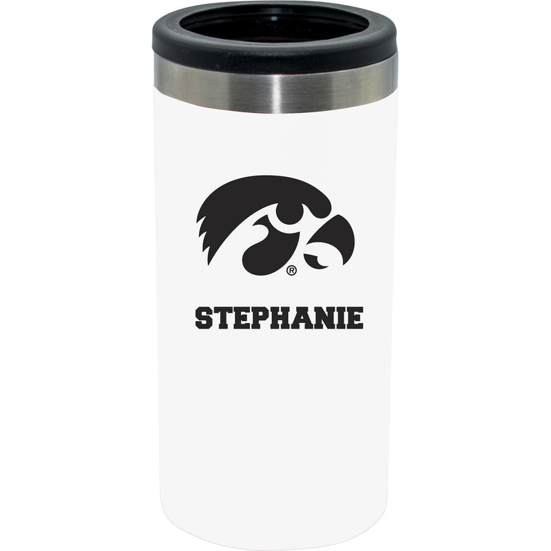 12oz Personalized White Stainless Steel Slim Can Holder | Iowa Hawkeyes