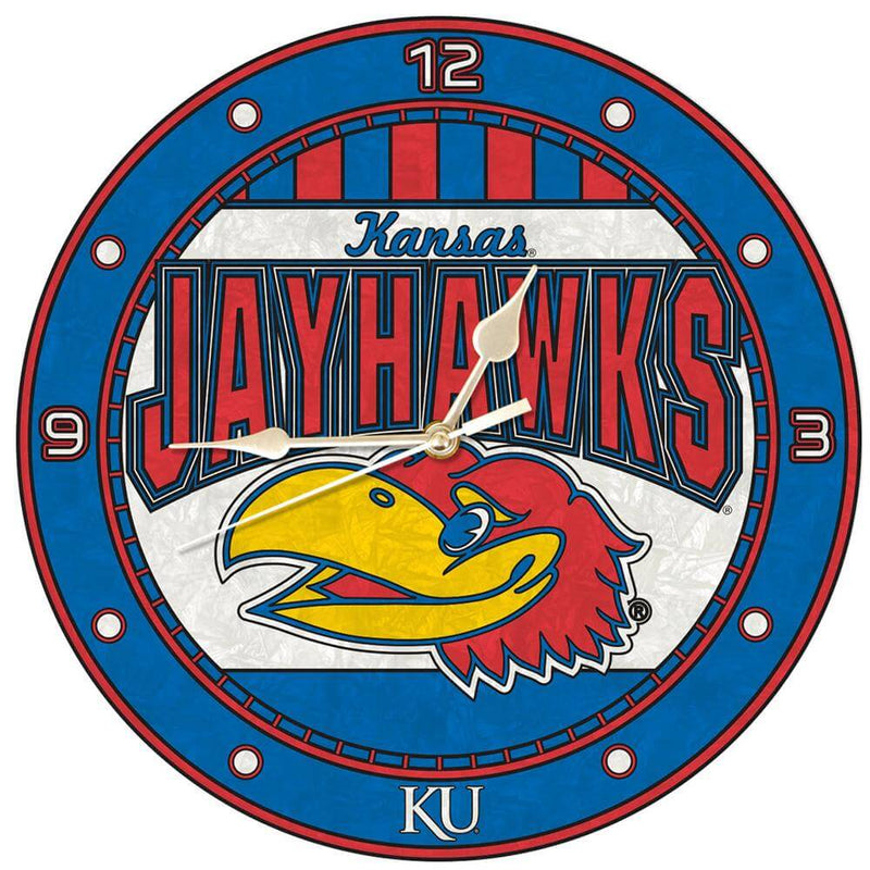 12in Art Glass Clock - Kansas University COL, CurrentProduct, Home & Office_category_All, KAN, Kansas Jayhawks 687746445540 $35