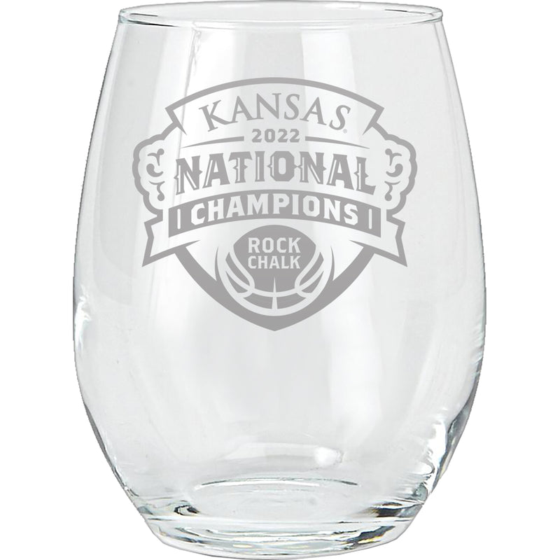15oz Etched Stemless Wine Glass | Kansas Jayhawks Men's Basketball National Champions 2022