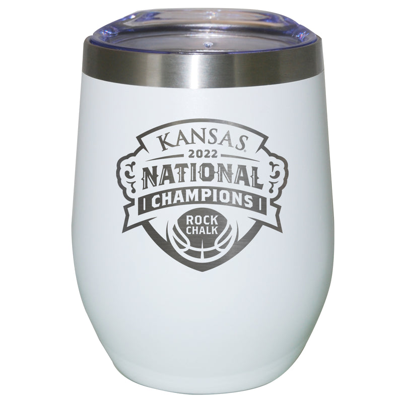 12oz White Etched Stainless Steel Stemless Tumbler | Kansas Jayhawks Men's Basketball National Champions 2022