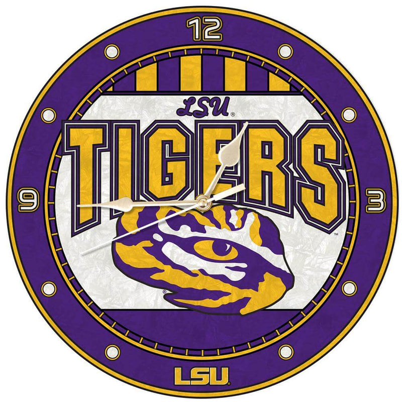 12in Art Glass Clock - LSU University COL, CurrentProduct, Home & Office_category_All, LSU, LSU Tigers 687746445588 $35