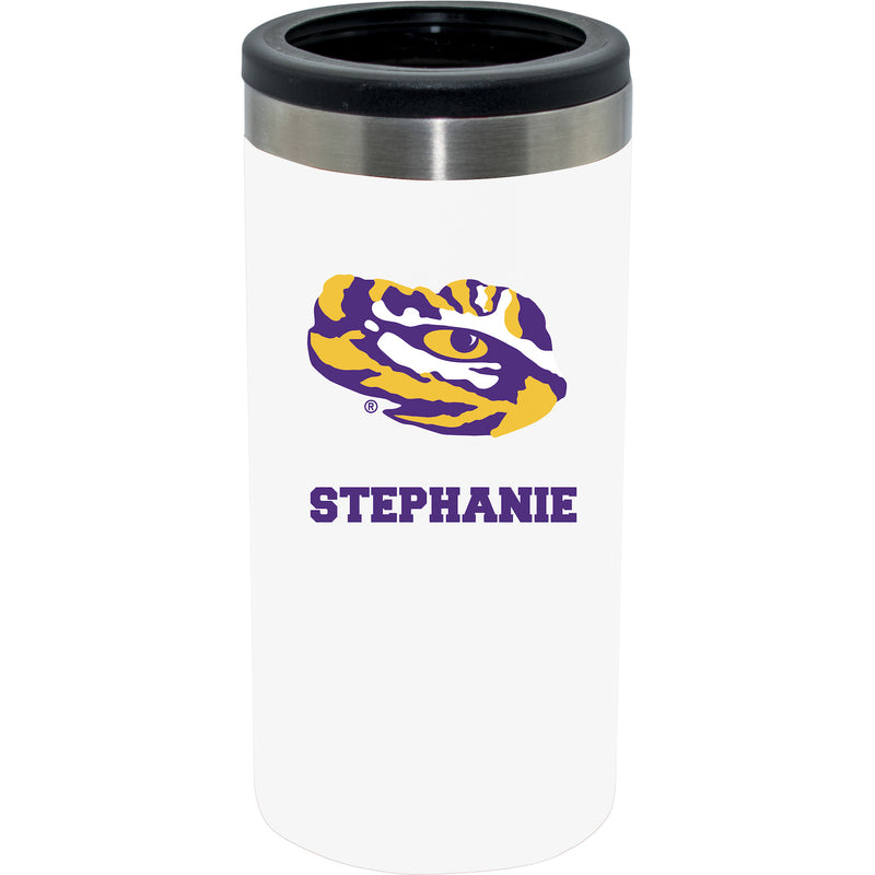 12oz Personalized White Stainless Steel Slim Can Holder | LSU Tigers