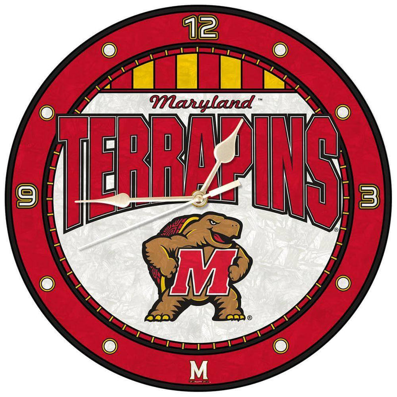 12 Inch Art Glass Clock | Maryland Terrapins COL, CurrentProduct, Home & Office_category_All, MAR, Maryland Terrapins 687746445595 $38.49
