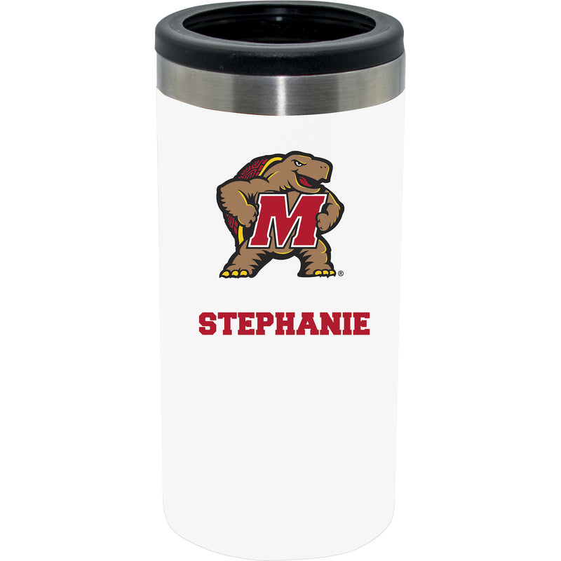 12oz Personalized White Stainless Steel Slim Can Holder | Maryland Terrapins
