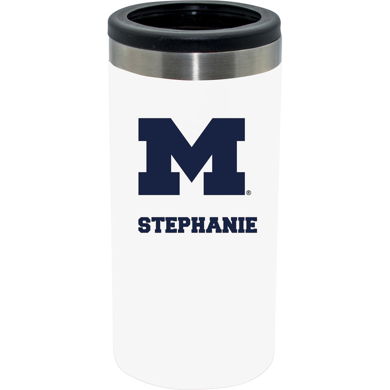 12oz Personalized White Stainless Steel Slim Can Holder | Michigan Wolverines