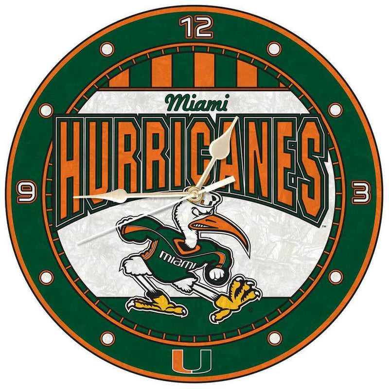 12 Inch Art Glass Clock | University of Miami COL, CurrentProduct, Home & Office_category_All, MIA, Miami Hurricanes 687746445618 $38.49
