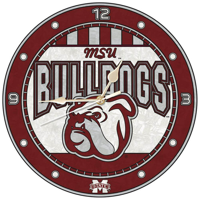 12 Inch Art Glass Clock | Mississippi State University COL, CurrentProduct, Home & Office_category_All, Mississippi State Bulldogs, MSS 687746445656 $38.49