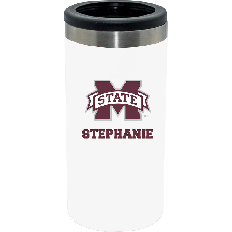 12oz Personalized White Stainless Steel Slim Can Holder | Mississippi State Bulldogs