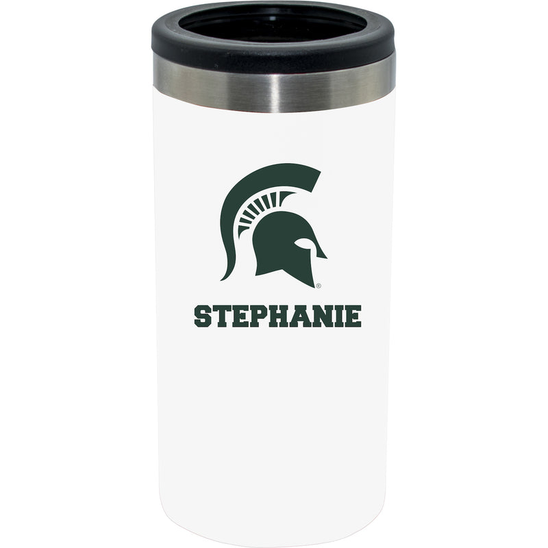 12oz Personalized White Stainless Steel Slim Can Holder | Michigan State Spartans