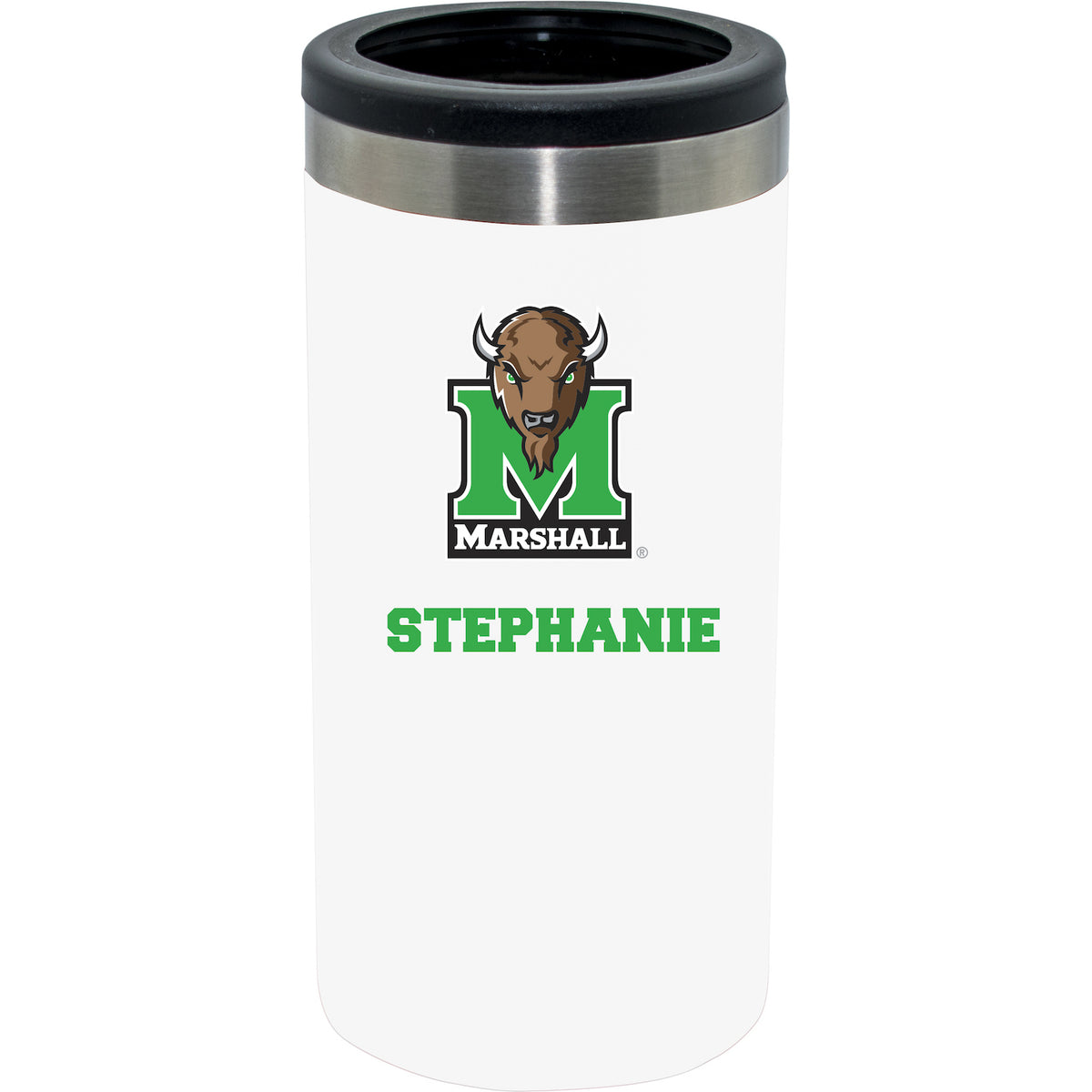 12oz Personalized White Stainless Steel Slim Can Holder | Marshall Thundering Herd