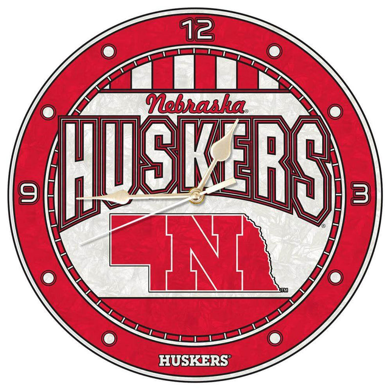 12in Art Glass Clock - Nebraska University COL, CurrentProduct, Home & Office_category_All, NEB, Nebraska Cornhuskers 687746445731 $35