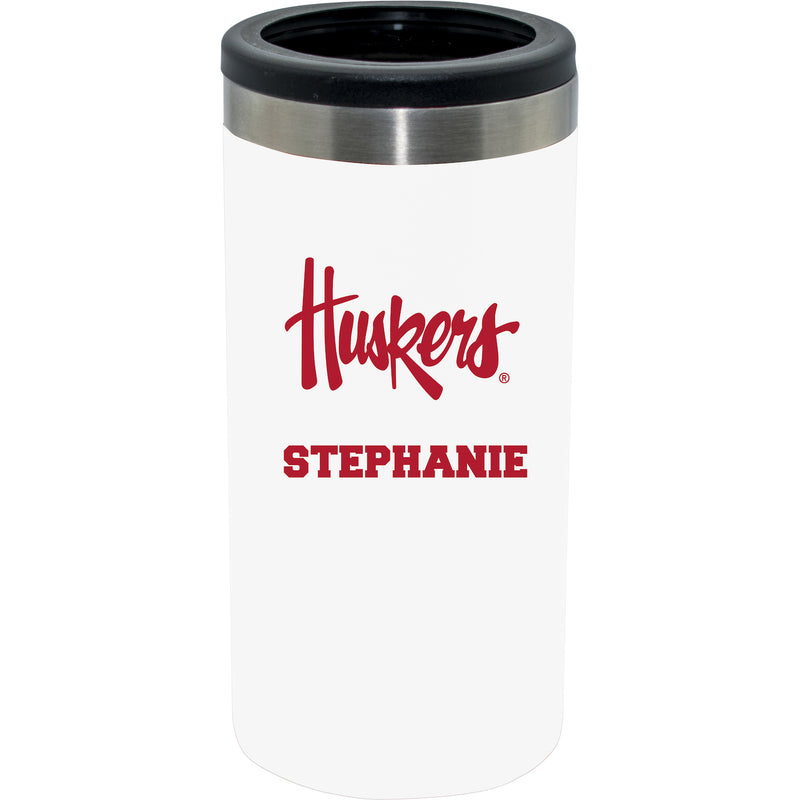 12oz Personalized White Stainless Steel Slim Can Holder | Nebraska Cornhuskers