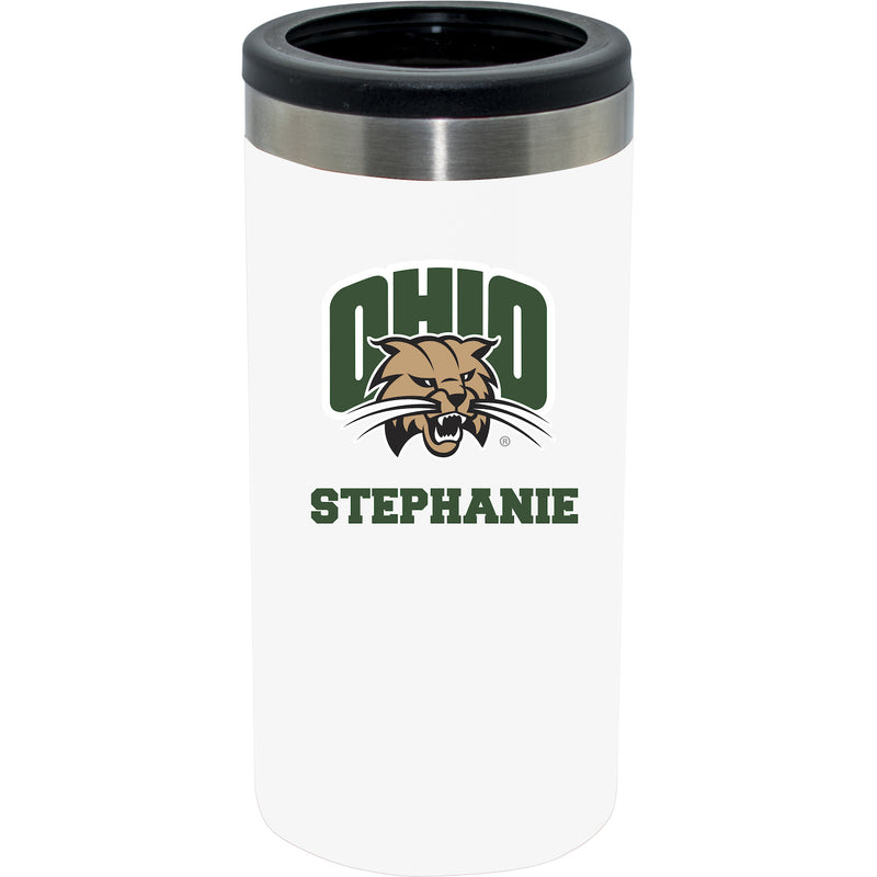 12oz Personalized White Stainless Steel Slim Can Holder | Ohio University Bobcats