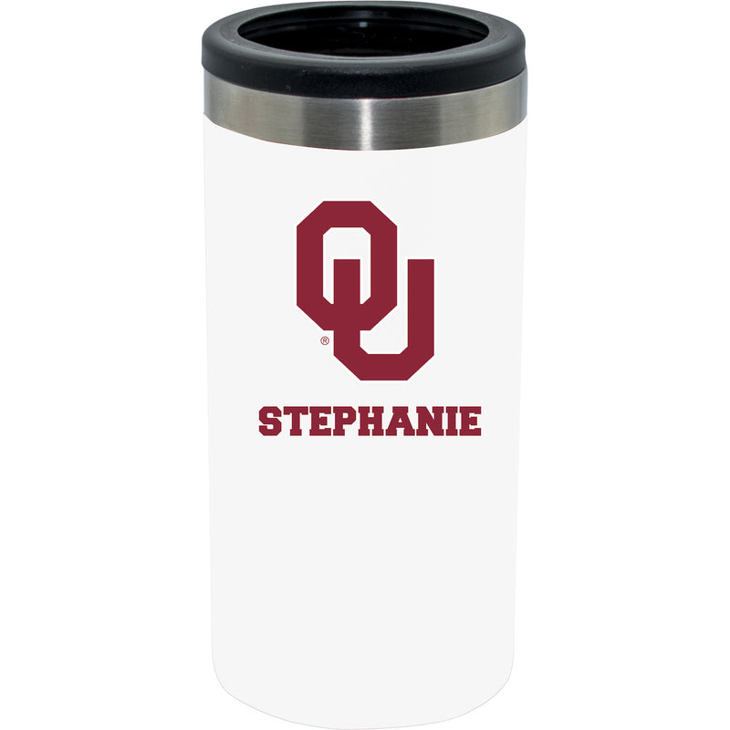12oz Personalized White Stainless Steel Slim Can Holder | Oklahoma Sooners