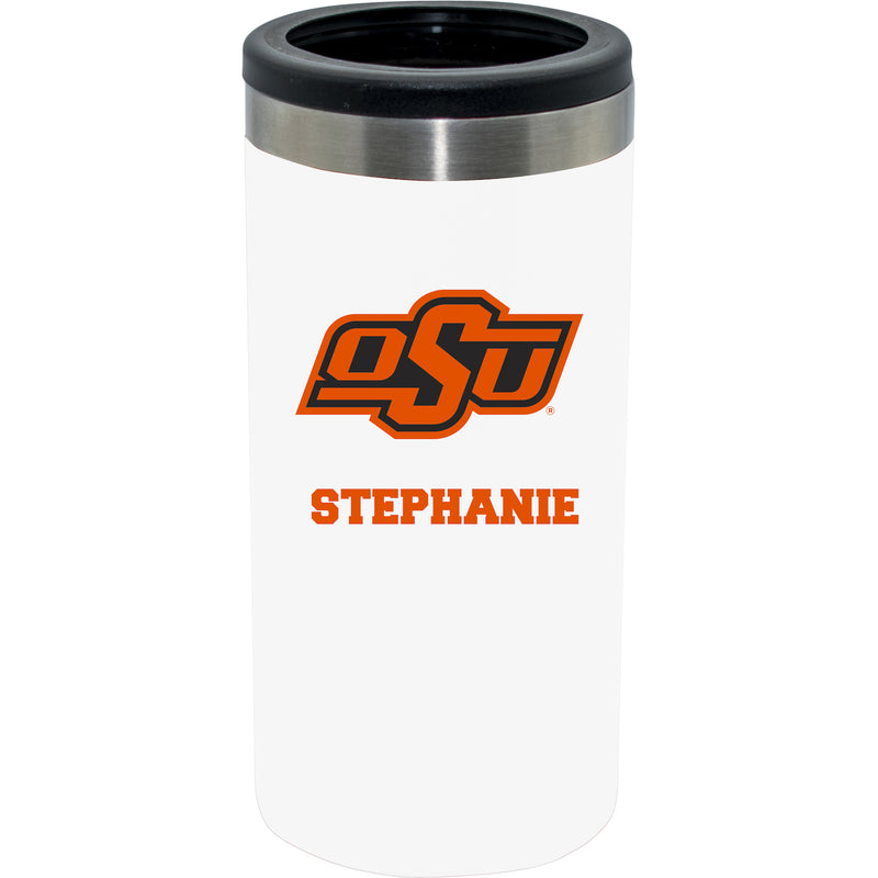 12oz Personalized White Stainless Steel Slim Can Holder | Oklahoma State Cowboys