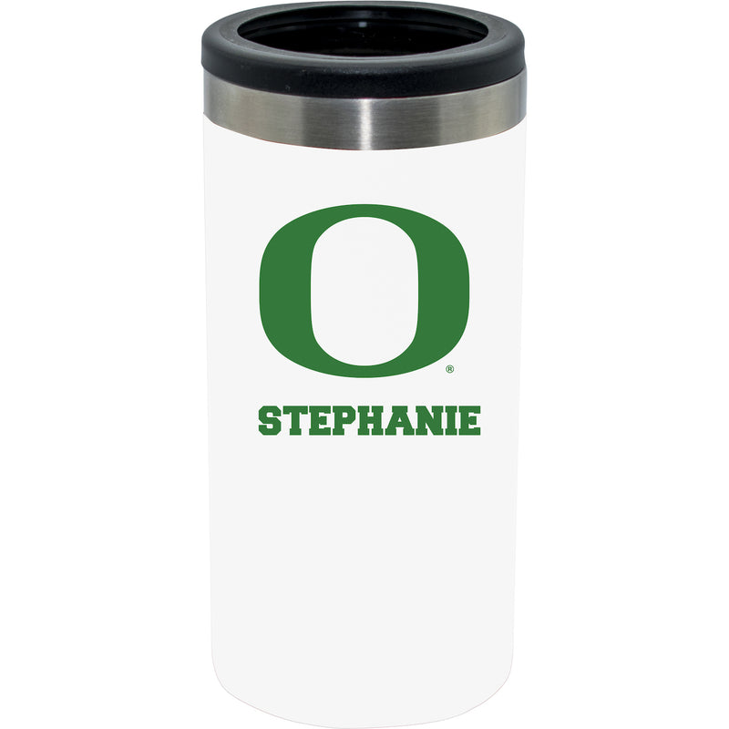 12oz Personalized White Stainless Steel Slim Can Holder | Oregon Ducks