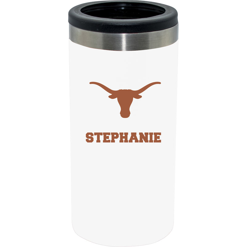12oz Personalized White Stainless Steel Slim Can Holder | Texas Longhorns