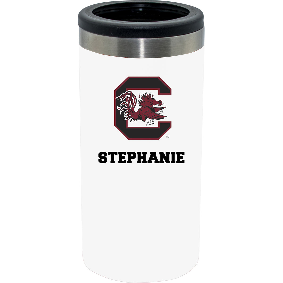 12oz Personalized White Stainless Steel Slim Can Holder | South Carolina Gamecocks
