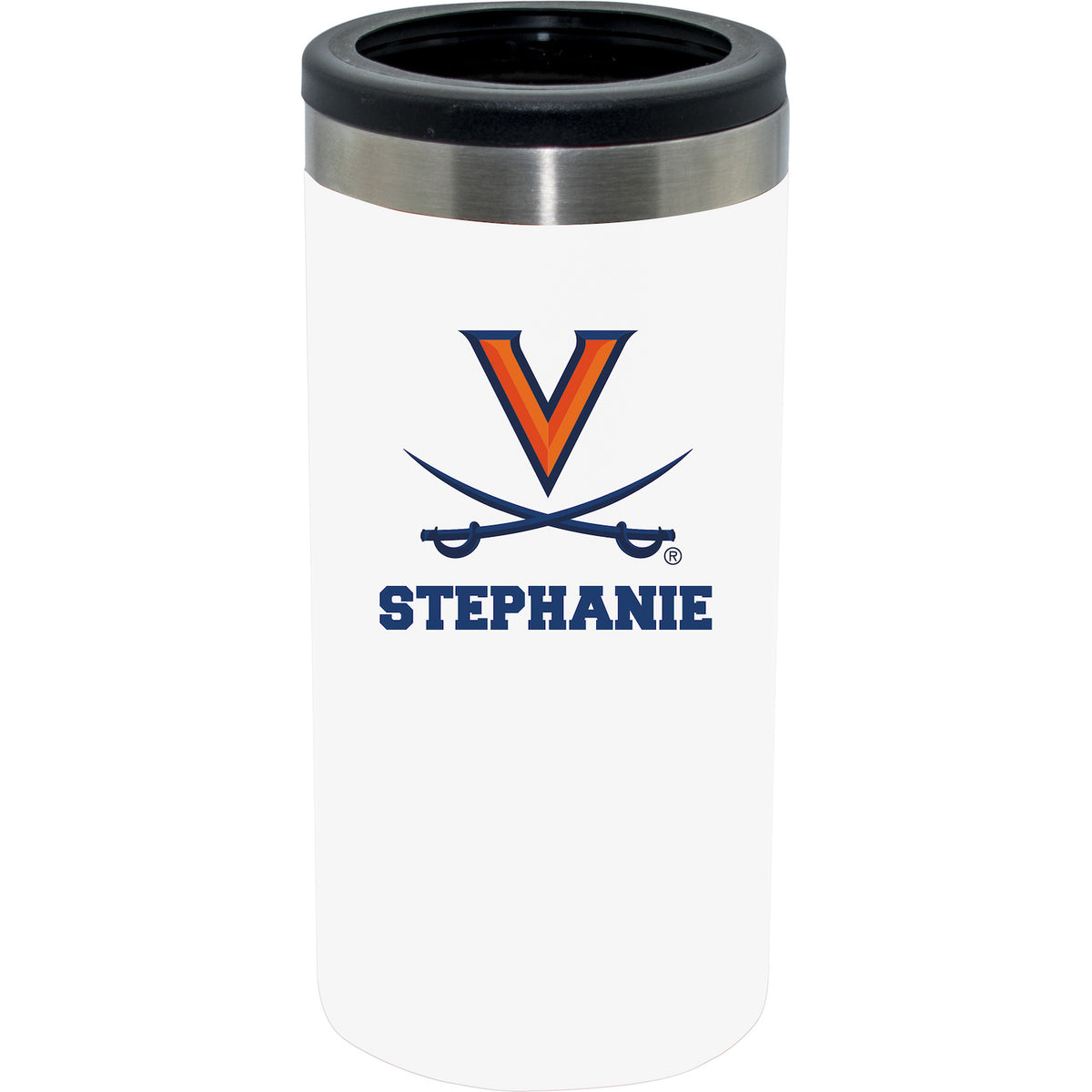 12oz Personalized White Stainless Steel Slim Can Holder | Virginia Cavaliers