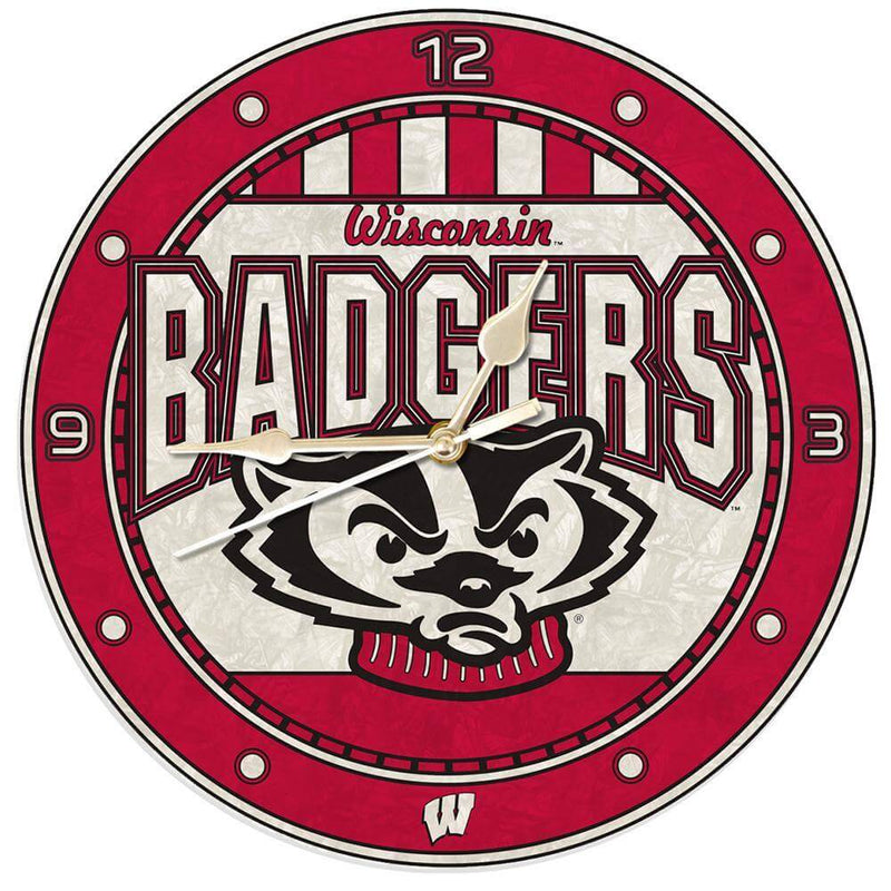 12 Inch Art Glass Clock | Wisconsin Badgers COL, CurrentProduct, Home & Office_category_All, WIS, Wisconsin Badgers 687746445991 $38.49